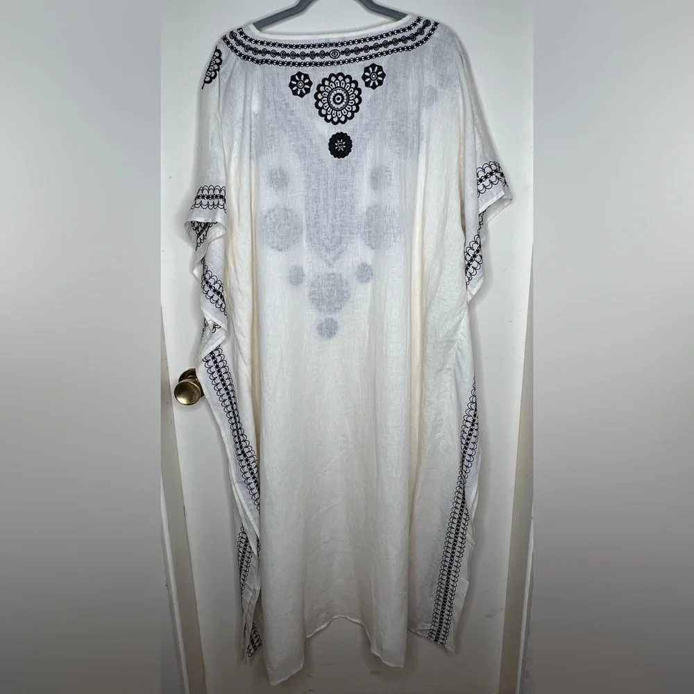 Echo Cream Linen Blend Amalfi Caftan W/Black Embroidery, Sz XL, NWT - Picture 4 of 8